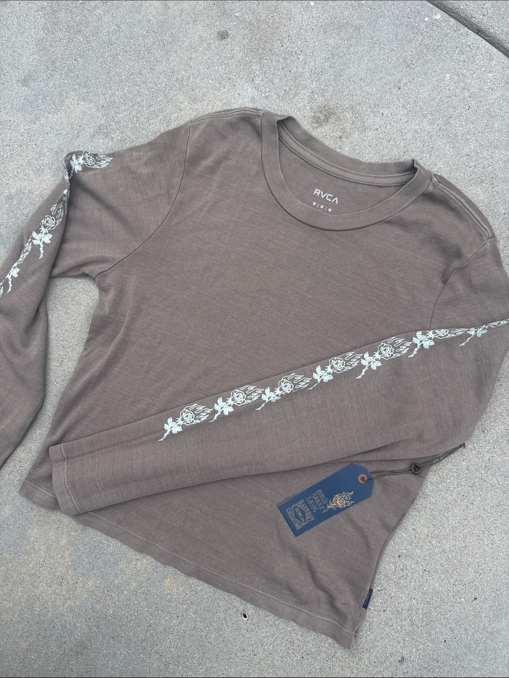 RVCA Women's Brown Long Sleeve Tee with White Floral Sleeve Stripe